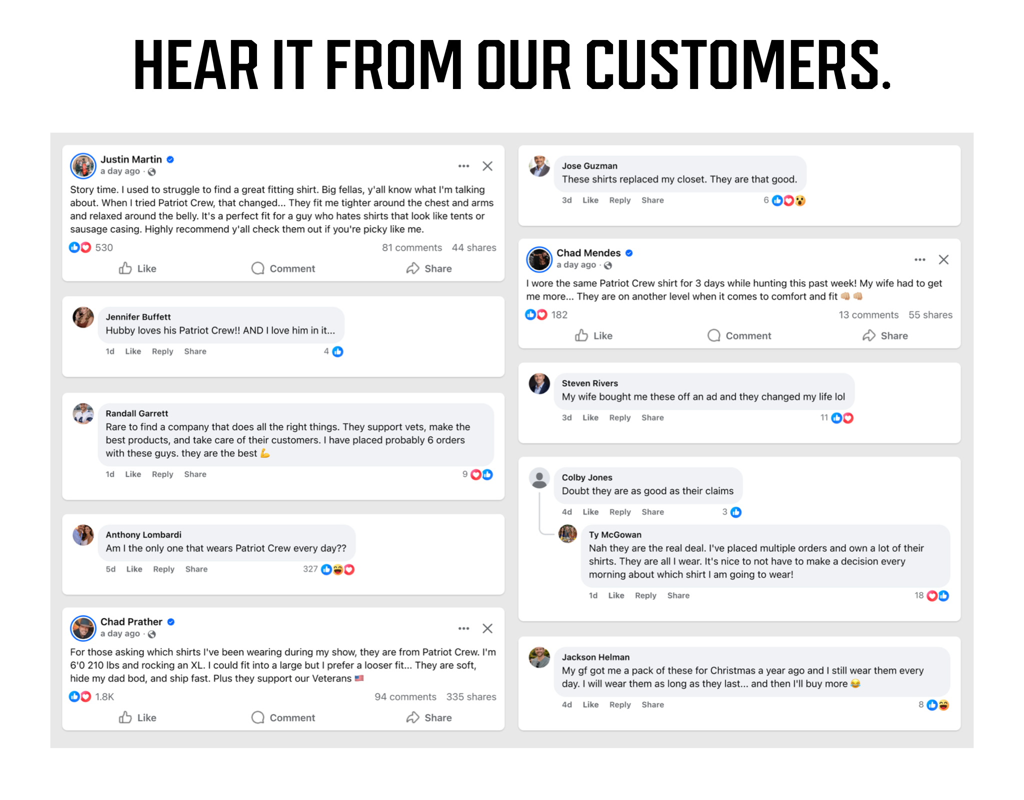 Facebook comments from Patriot Crew customers