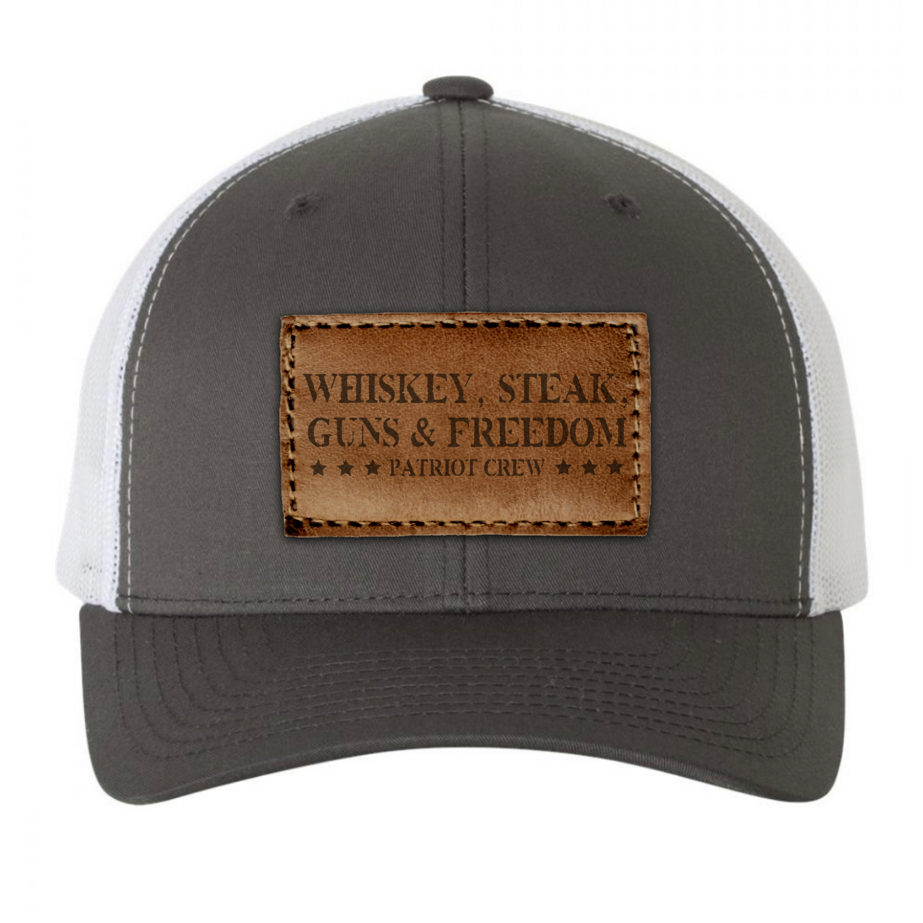 Whiskey, Steak, Guns, & Freedom Leather Patch Trucker Hat